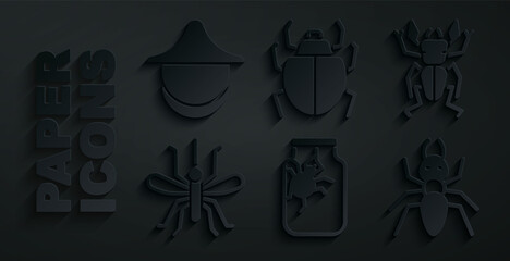 Set Spider in jar, Beetle deer, Mosquito, Ant, Mite and Beekeeper hat icon. Vector