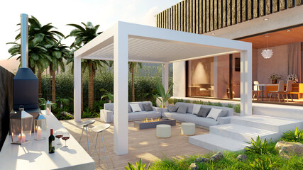 3D render of luxury outdoor private terrace with motorized pergola and sofa set. - obrazy, fototapety, plakaty