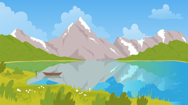 Mountain lake and boat in scenic nature summer landscape vector illustration. Cartoon fishing vessel boat in calm water of pond, lake or river, reflection of countryside peaceful scenery background