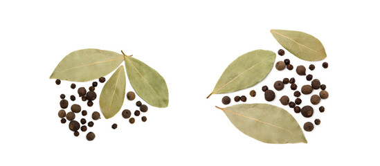 Bay leaf, allspice and pepper isolated on white background