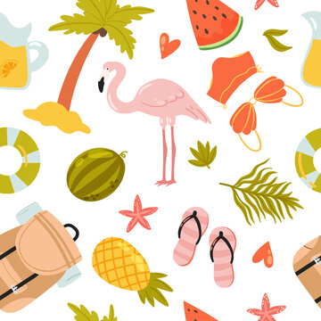 Summer seamless pattern vector illustration. Cartoon cute watermelon, bikini swimsuit, beach starfish backpack, lemonade, pineapple, flip flops, flamingos, palm tree isolated on white