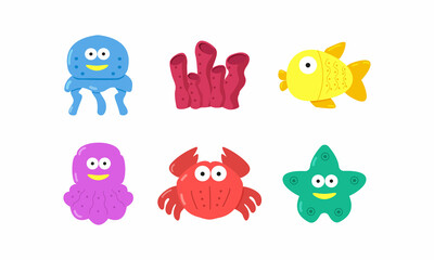 Children's underwater collection. The ocean set includes fish, crab, jellyfish, coral, starfish, octopus, bubbles.