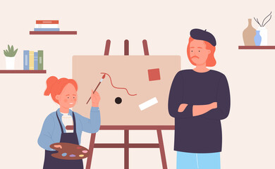 Art master class, school children study to draw, education vector illustration. Cartoon child girl artist character standing near easel and teacher, kid holding holding brush and palette background