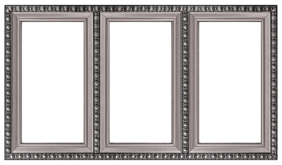 Triple silver frame (triptych) for paintings, mirrors or photos isolated on white background....