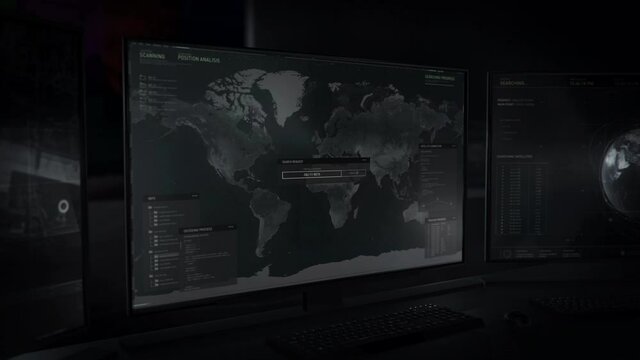 Computer Screen in a Dark Room. Authentication Protocol. Searching for Tracks of the Mission Target. The Escaped Criminal. Satellite camera activates. The Data Points to Tianjin, China. UI.