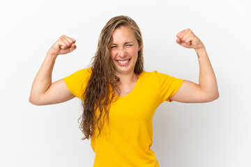 Young caucasian woman isolated on white background doing strong gesture