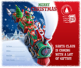 CHRISTMAS POSTCARD WITH SANTA CLAUS DELIVERING GIFTS BY TRAIN WITH ELF AND REINDEER - 451832557