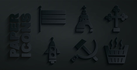Set Hammer and sickle USSR, Christian cross, Rocket ship, Sauna bucket, The Tsar bell and National Russia flag icon. Vector