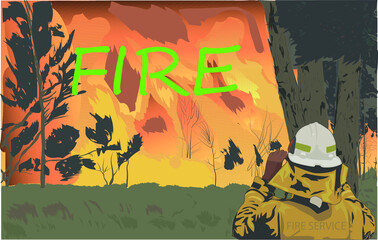 Fireman with a fire in the forest