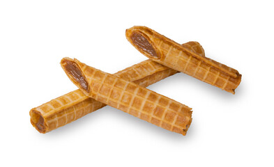 Cakes in the form of a tube.Fresh delicious cakes with a filling of boiled condensed milk isolated on a white background.