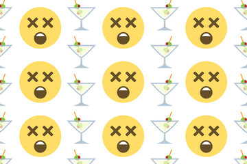 dizzy face with cocktail glass,emoji pattern on white background,party,martini,drunk,alcohol,vector illustration