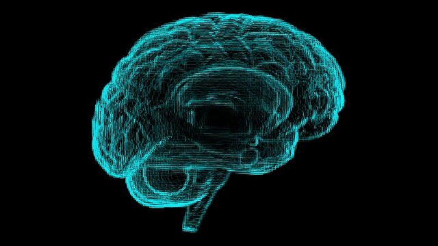 3D turntable x-ray on pixel art pattern style on brain surface on black background , Computerized Tomography scan concept.