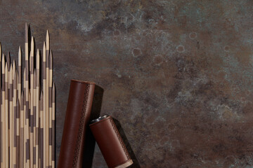 Traditional Japanese Board Game  Mikado. Bamboo sticks from the game on a rustic brown background...