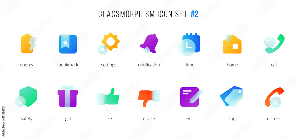 Fototapete a set of vector icons of the modern trend in the style of glassmorphism with gradient, blur and tran