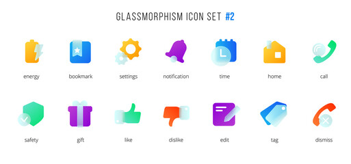 A set of vector icons of the modern trend in the style of glassmorphism with gradient, blur and transparency. The collection includes 14 icons of different colors in a single style. part 2