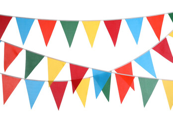 Buntings with colorful triangular flags on white background. Festive decor