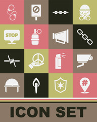 Set Protest, Security camera, Chain link, Barbed wire, Hand grenade, Handcuffs and Megaphone icon. Vector