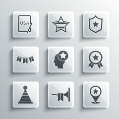 Set Trumpet, USA Independence day, Medal with star, Head, Party hat, Carnival garland flags, on graphic tablet and Police badge icon. Vector