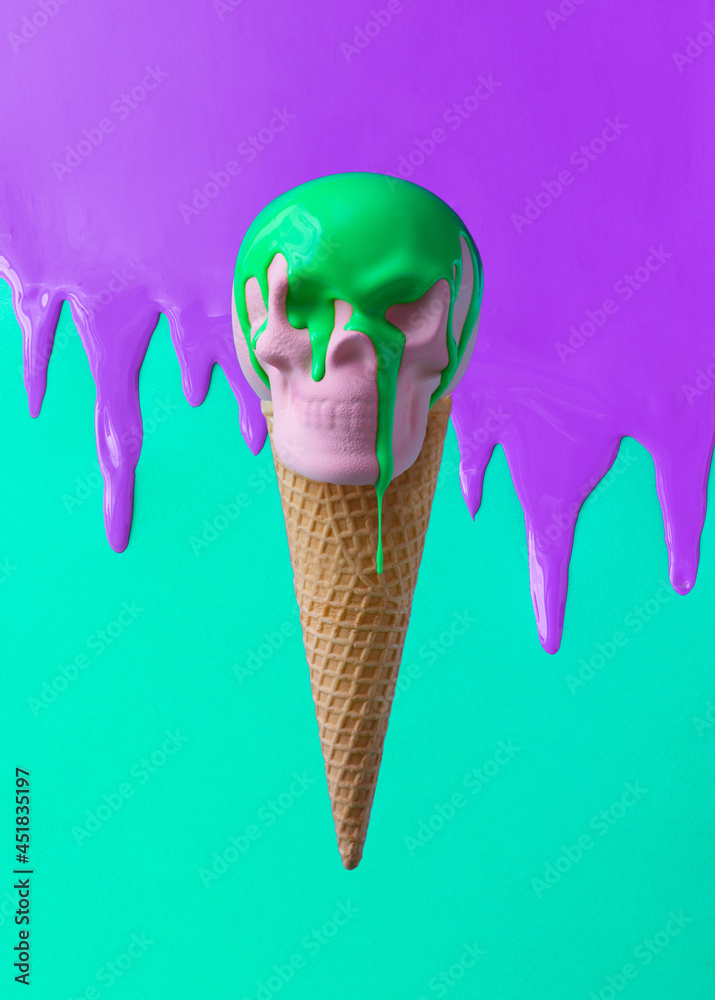 Poster Icecream cone with pink skull and green toping. Spooky Halloween concept. Vivid colors background.