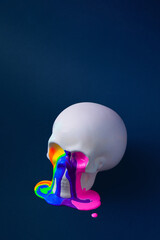 Skull with vivid paint. Spooky concept. Halloween or Santa Muerte concept. Retro future background. - 451835148