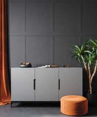 Dark home interior with old retro furniture, 3d render