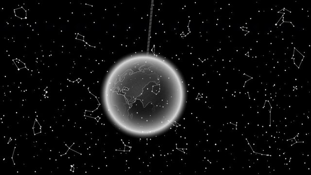 Animation of Black and White Swinging Pendulum with Earth. Single Object of Globe Isolated on Starry Night Background. Panoramic Sky Map of Hemisphere. Loop Seamless Stock Footage. 3D Graphic