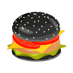 American burger with a black bun. American food. Hamburger to take away. White background. Healthy food.