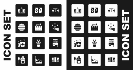 Set Picnic table with chairs, Arcade game machine, Burger, Home stereo two speakers, Juggling ball, Tarot cards, Fast street food cart and Popcorn box and glass icon. Vector