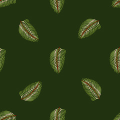 Hawaii seamless pattern in minimalistic style with creative fern leaf silhouettes. Dark green background.