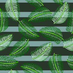 Random green fern leaves ornament seamless doodle pattern in simple tropic style. Striped background.