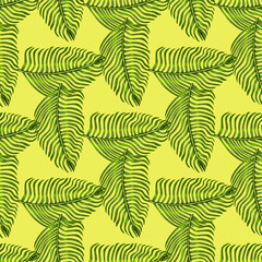 Green fern geometric style botany seamless pattern. Yellow pastel background. Hawaii natural ornament.