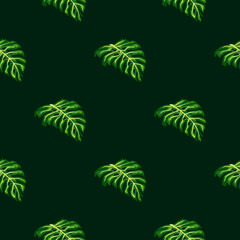 Nature jungle seamless pattern with green monstera leaves print.
