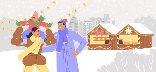 Concept of Christmas fair. Flat vector illustration with a happy family in front of the Christmas market. Christmas and New Year celebrations web banner or flyer.