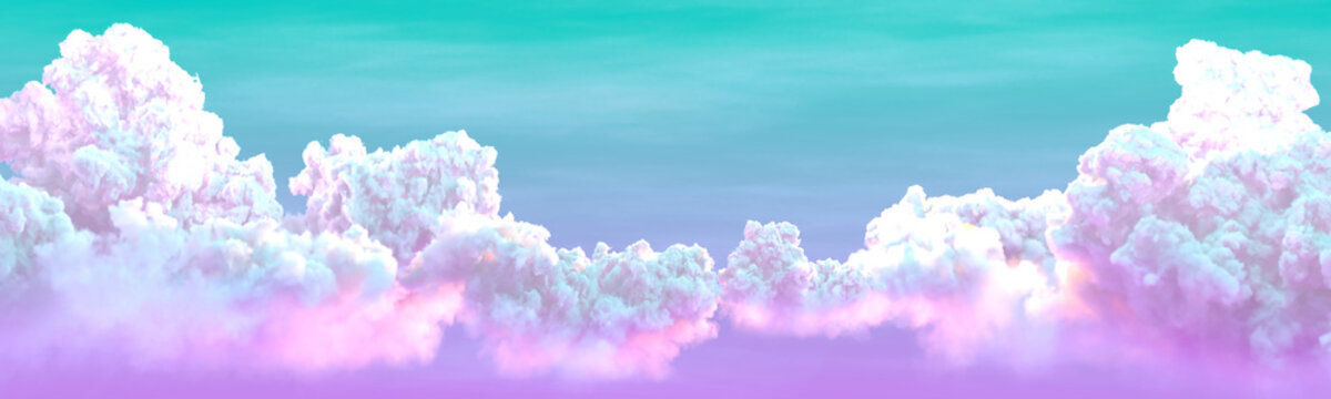 pink and green panoramic cumulus clouds backdrop , conceptual nature 3D rendering