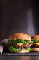 Two juicy fragrant burgers on a dark background with a napkin