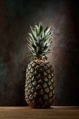 Whole pineapple on a wooden surface. Ripe pineapple on dark background. Fresh pineapple with beautiful light high resolution. 