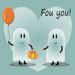 An illustration with cute ghosts for the Halloween holiday. Ghosts with sweets and the text: "For you!". A vector image.