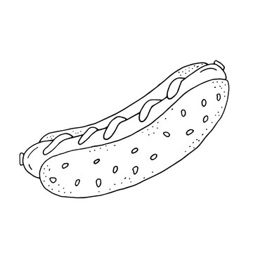 Fast food. Hot Dog. Food. A quick snack. Vector. Scribble. Hand-drawn illustration. Silhouette. Black and white outline. Coloring.