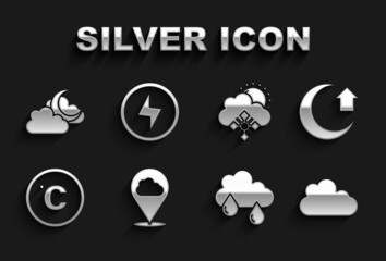 Set Location cloud, Moon, Cloud, with rain, Celsius, snow and sun, moon and Lightning bolt icon. Vector