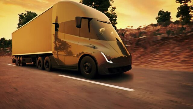 A realistic 3d looping animation of a future truck in sunset