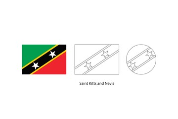 Saint Kitts and Nevis flag 3 versions, Vector illustration, Thin black line of rectangle and the circle on white background.
