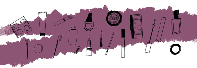 The set of hand drawn beauty and wellness items.