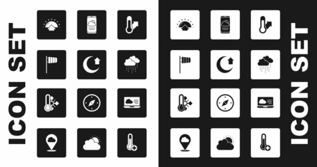 Set Meteorology thermometer, Moon, Cone windsock wind vane, Sunrise, Cloud with rain, Weather forecast, and icon. Vector