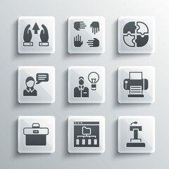 Set Browser files, Stage stand or tribune, Printer, Human with lamp bulb, Briefcase, Speech bubble chat, Growth chart progress and Piece of puzzle icon. Vector