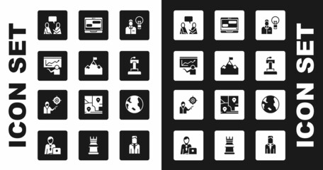 Set Human with lamp bulb, Mountains flag, Training, presentation, Two sitting men talking, Stage stand or tribune, Chat messages laptop, Earth globe and Marketing target strategy icon. Vector