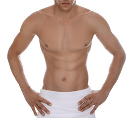 Shirtless man with slim body and towel wrapped around his hips isolated on white, closeup