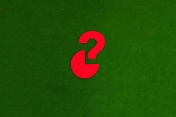 A circle, a red question mark on a green background. The concept of determining the share. Segment.