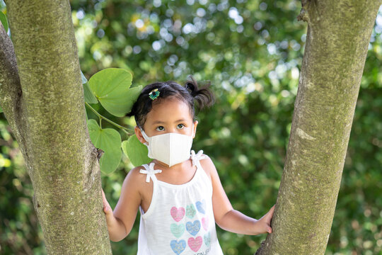 Beautiful Southeast Asian female standing between the trees in ThailandA