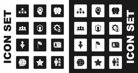 Set Project team base, User protection, Users group, Hierarchy organogram chart, Head hunting, Resume and icon. Vector
