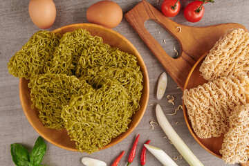 Group of Japanese style green noodles, Mendake, uncooked instant vegetable or crispy dry jade...